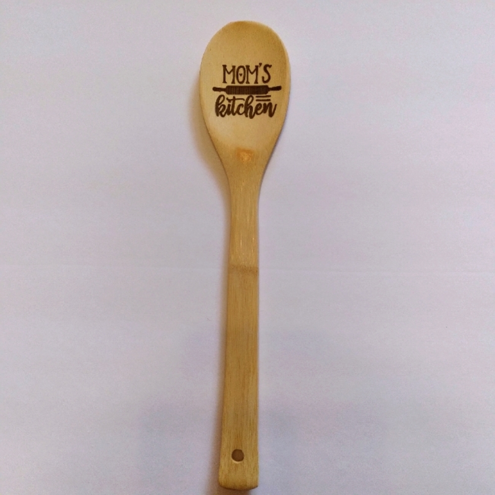 Custom laser engraved wooden spoon Mom's Kitchen w/ heart & rolling pin